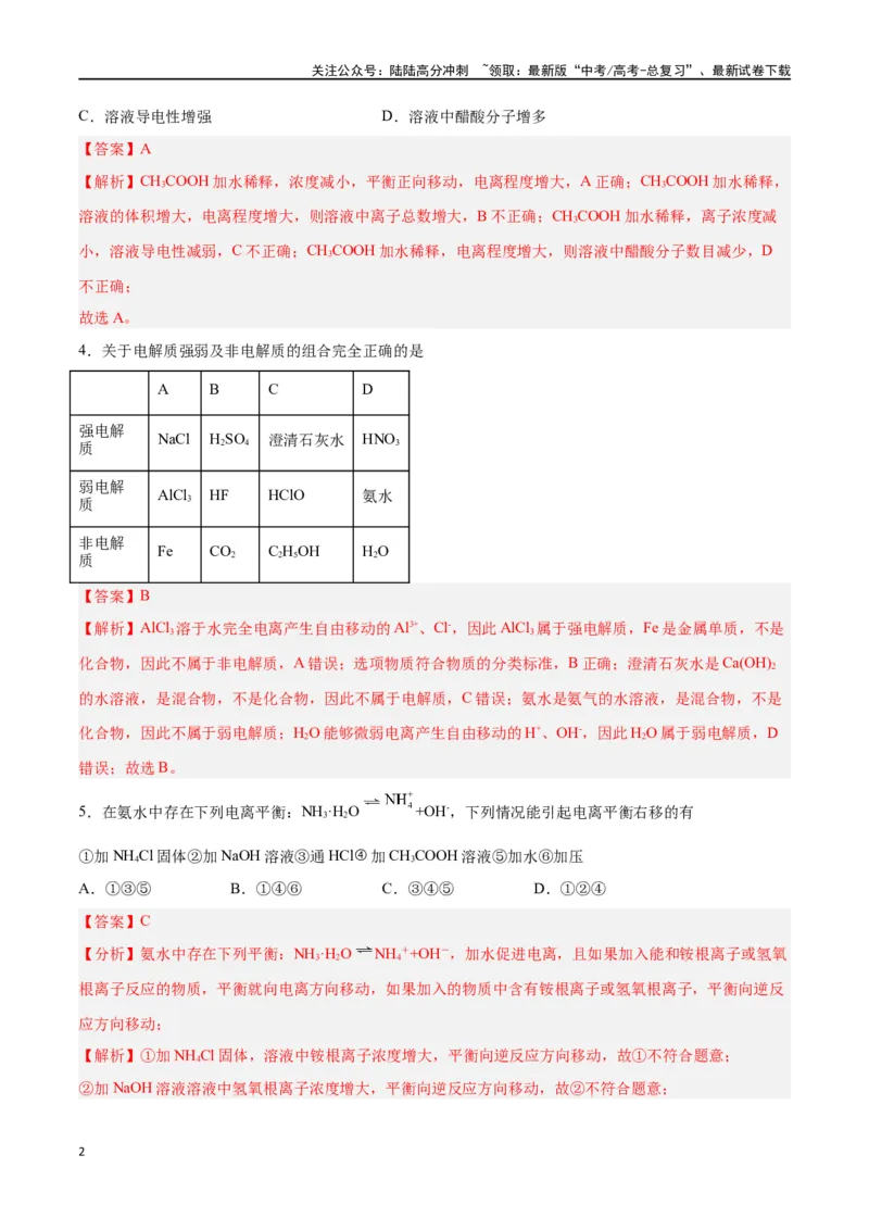 《第21讲电离平衡（练）-（解析版）_05-化学-高考总复习_一轮复习_2024年_2024年高考化学大一轮复习精讲精练+专题讲座_资料》第2页预览