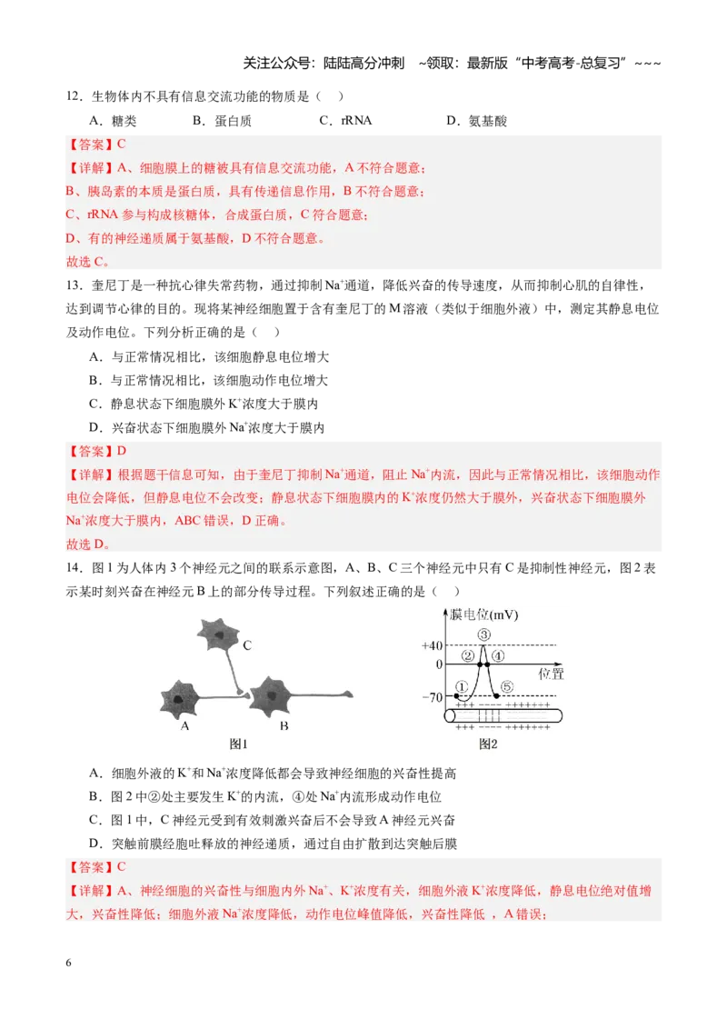 《第25讲神经调节（专项训练）（四川专用）（教师版）_06-生物-高考总复习_一轮复习_2026年-生物高考一轮复习_2026年高考生物一轮课件+讲义+练习（四川专用）-G335》第6页预览