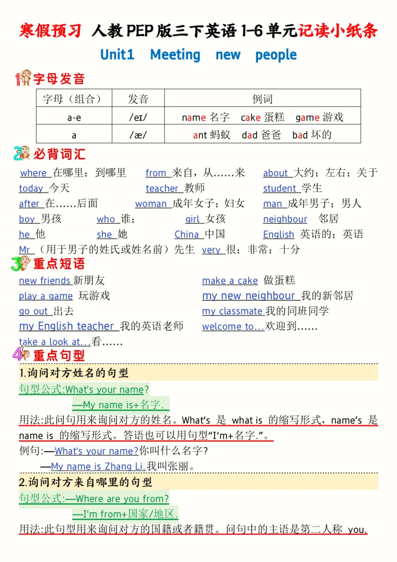 《三年级（下）人教PEP版寒假预习1-6单元记读小纸条(12页）_3年级下册同步教辅_3下-英语_英语人教pep版资料》第1页预览