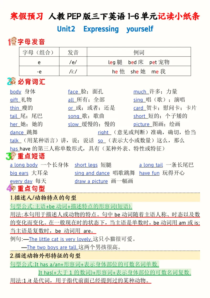 《三年级（下）人教PEP版寒假预习1-6单元记读小纸条(12页）_3年级下册同步教辅_3下-英语_英语人教pep版资料》第3页预览