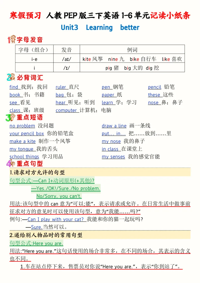 《三年级（下）人教PEP版寒假预习1-6单元记读小纸条(12页）_3年级下册同步教辅_3下-英语_英语人教pep版资料》第5页预览