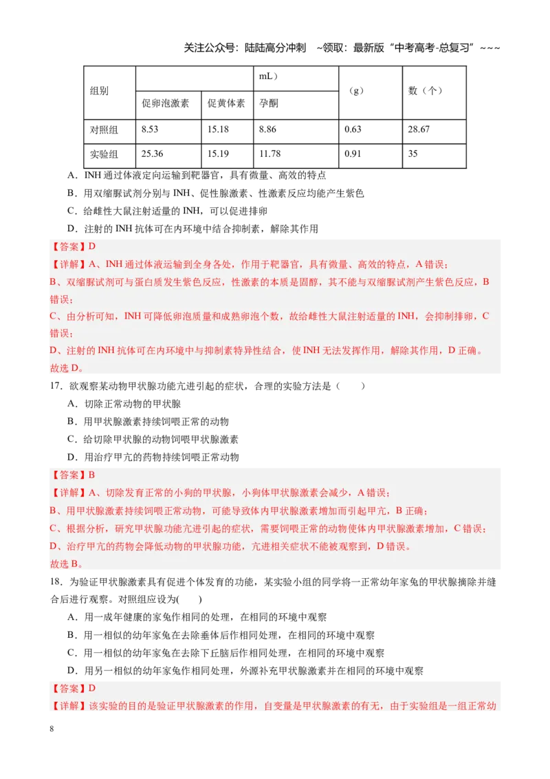 《第26讲体液调节（专项训练）（四川专用）（教师版）_06-生物-高考总复习_一轮复习_2026年-生物高考一轮复习_2026年高考生物一轮课件+讲义+练习（四川专用）-G335》第8页预览