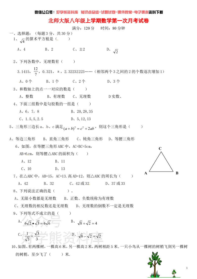 《北师大版八年级上数学第一次月考试卷-附答案(1)_初中数学期中卷+期末卷+单元卷+月考卷_初中数学月考试卷》第1页预览