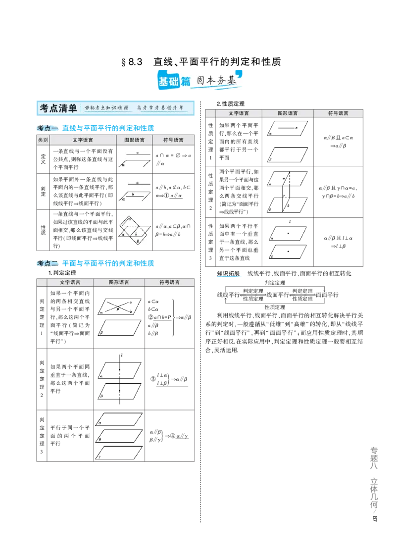 《1_8.3专题考点精析（解释：22版53A对应专题讲解pdf文件）(1)_2023版教学资源包_2023版新高考版高考总复习数学5·3A版_25_专题八83直线、平面平行的判定和性质_6_专题考点精析》第1页预览