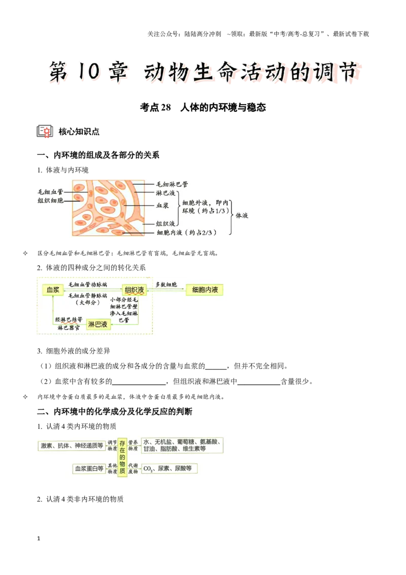 《考点28人体的内环境与稳态（讲义）（原卷版）_06-生物-高考总复习_一轮复习_2024年_2023-2024学年高三生物一轮复习_资料》第1页预览