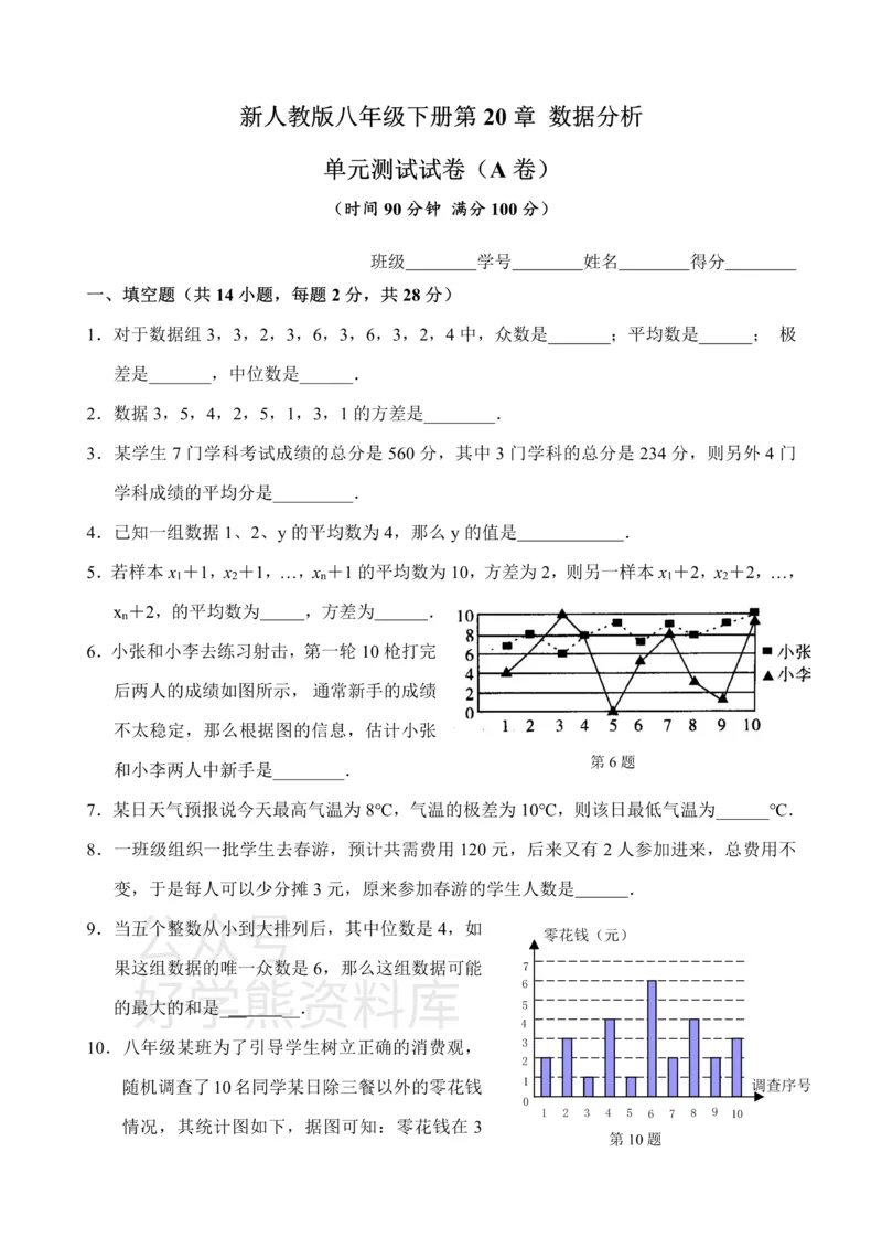《新人教版八年级下册第20章数据分析单元测试试卷（A卷）_初中数学期中卷+期末卷+单元卷+月考卷_初中数学单元测试_人教版_人教版_人教版8下数学单元测试》第1页预览