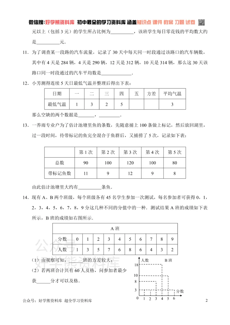 《新人教版八年级下册第20章数据分析单元测试试卷（A卷）_初中数学期中卷+期末卷+单元卷+月考卷_初中数学单元测试_人教版_人教版_人教版8下数学单元测试》第2页预览