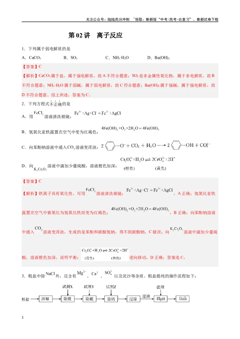 《第02讲离子反应（练）-（解析版）_05-化学-高考总复习_一轮复习_2024年_2024年高考化学大一轮复习精讲精练+专题讲座_资料》第1页预览