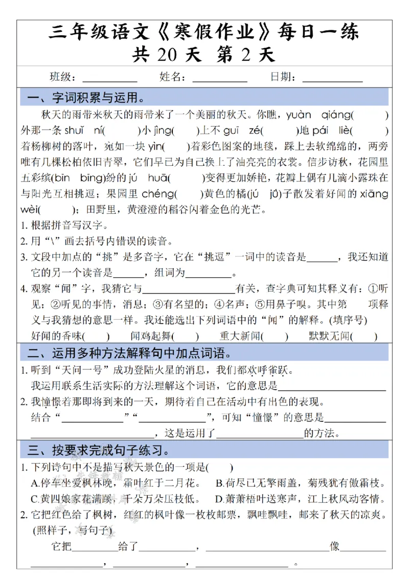 《三年级语文《寒假作业》每日一练-假多音字_3年级下册同步教辅_3下寒假作业+规划》第2页预览