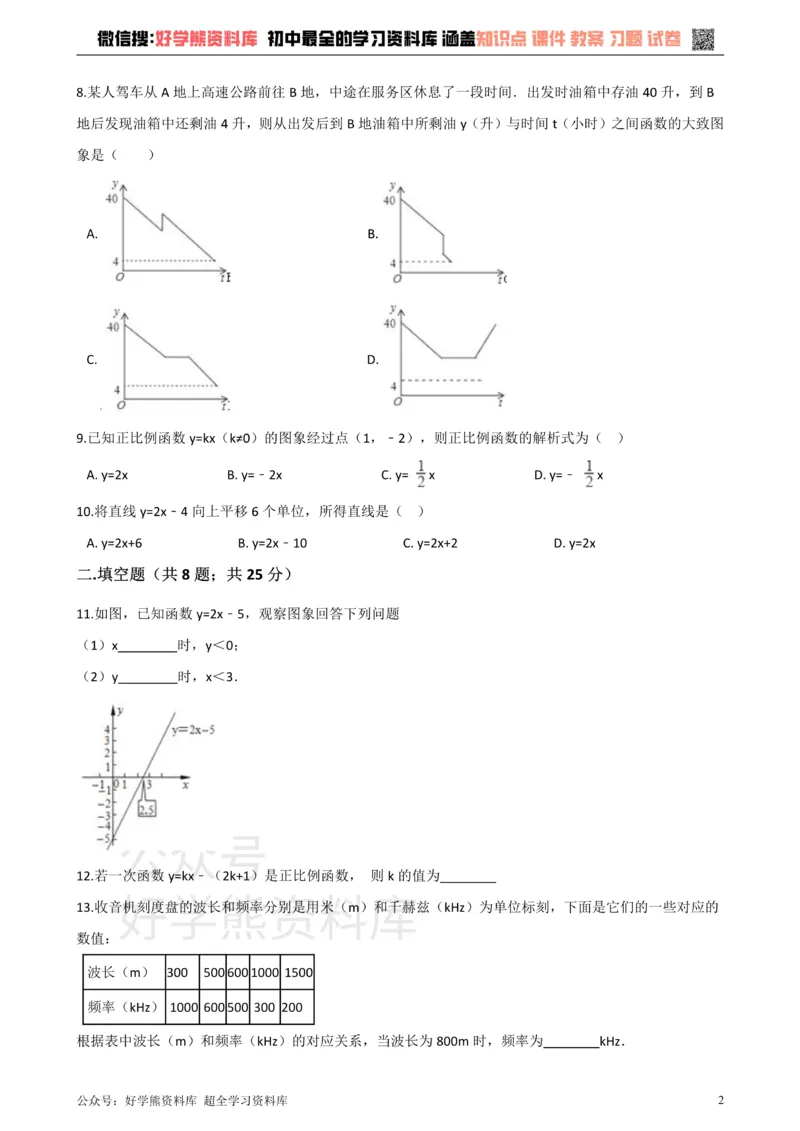 《沪科版八年级数学上册第12章一次函数单元测试_初中数学期中卷+期末卷+单元卷+月考卷_初中数学单元测试_沪科版_沪科版单元试卷_八上》第2页预览