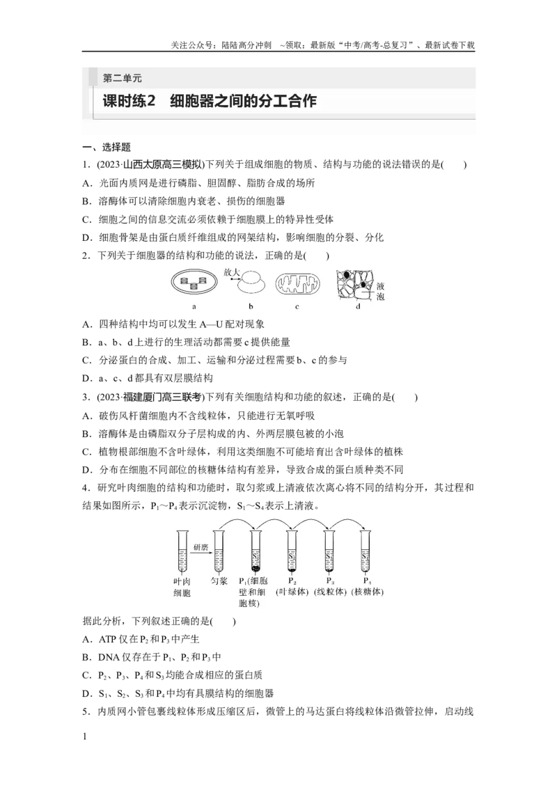 《第2单元　课时练2　细胞器之间的分工合作_06-生物-高考总复习_一轮复习_2024年_2024高考生物大一轮复习课件讲义新人教版知识总结_2024年高考生物一轮复习讲义（新人教版）_一轮复习69练》第1页预览