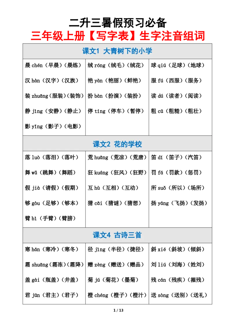 《三上生字注音、组词_3年级上册同步教辅合集_3上-语文_三上语文-生字＋字帖＋词语》第1页预览