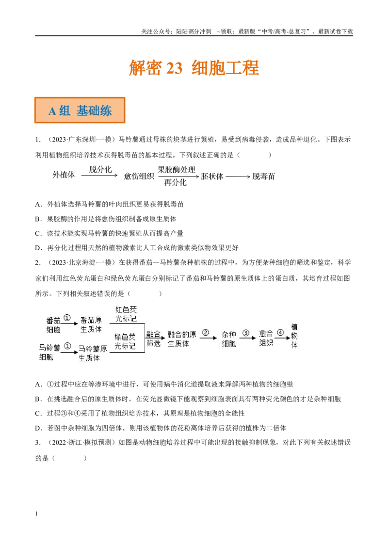 《解密23细胞工程（分层训练）（原卷版）_06-生物-高考总复习_二轮复习_2024年_2024年新教材高考生物二轮复习讲义分层训练题考点_资料》第1页预览