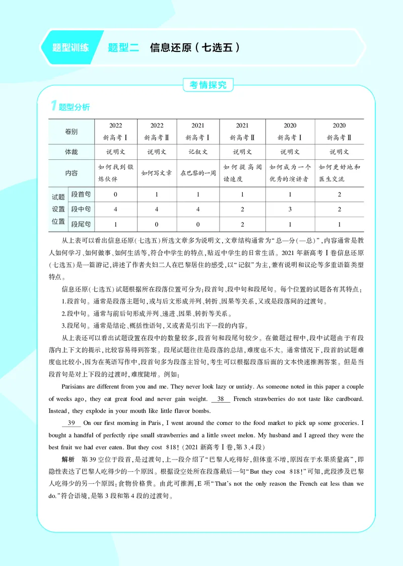 《1_3.PDF教参电子书——题型训练册_2024版教学资源包_2024版.新高考版英语.5·3A版_12_题型二信息还原（七选五）_3_PDF教参电子书》第1页预览