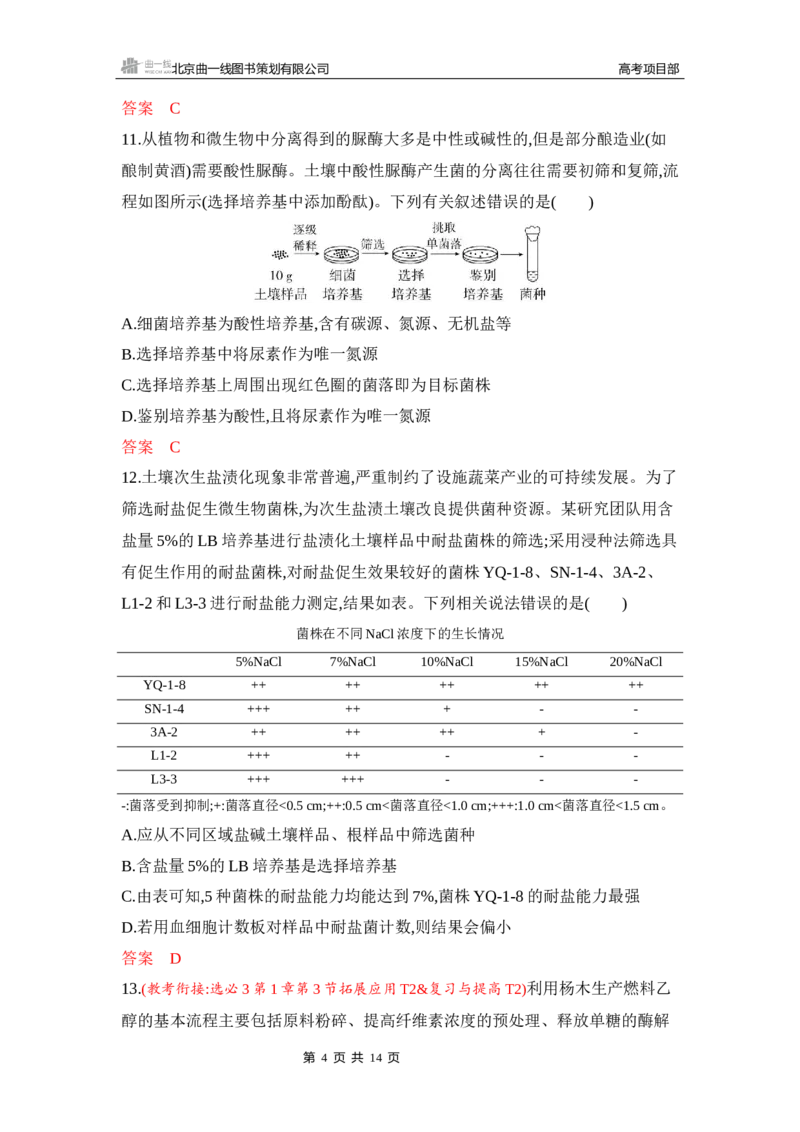 《1_专题过关检测练Word-第22章　发酵工程_2026版教学资源包_202653高考总复习A版_新高考_生物_教师A版2026年.新高考版.生物.53_第5部分生物技术与工程_第22章发酵工程_6_专题检测》第4页预览