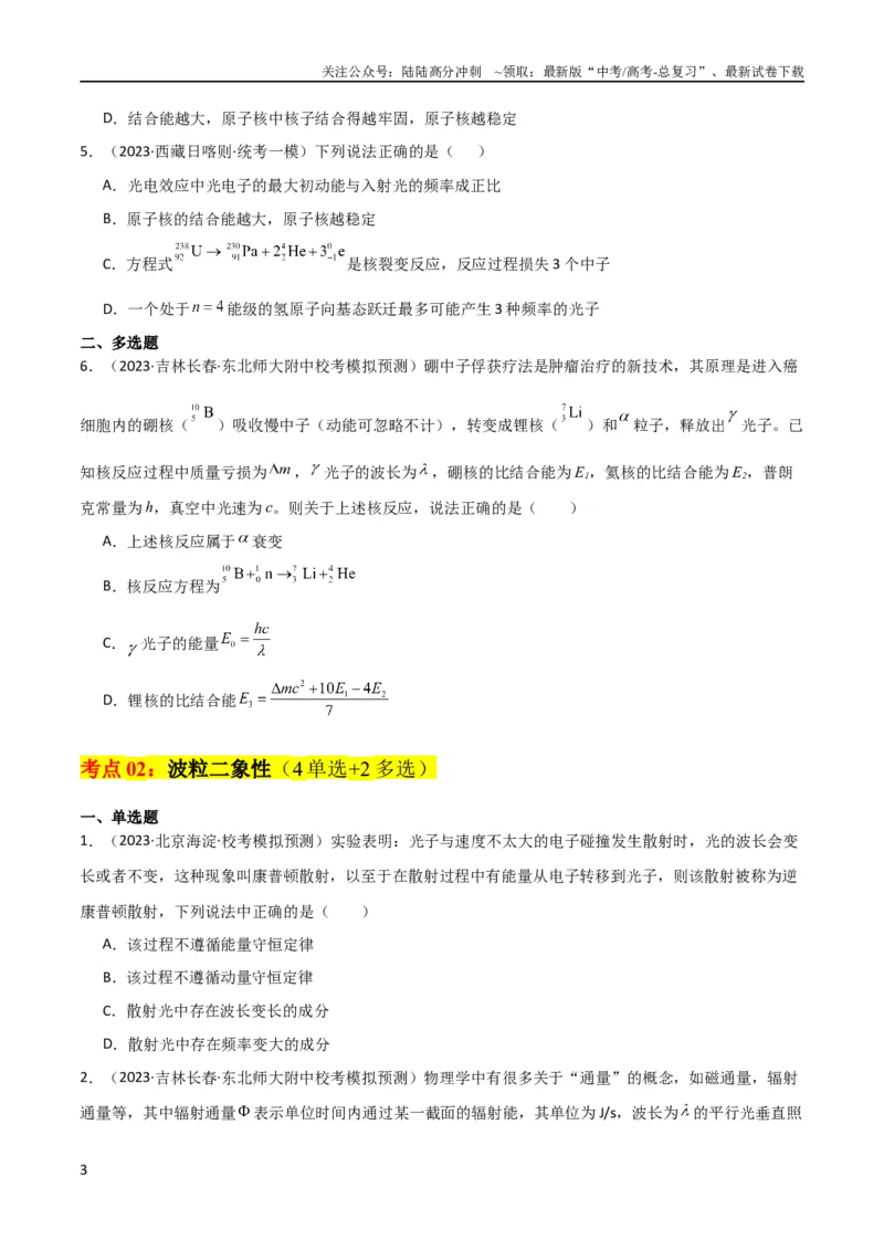 《考点巩固卷79近代物理（光电效应、波粒二象性、原子结构、原子核、相对论）（原卷版）_04-物理-高考总复习_一轮复习_2024年_2024年高考物理一轮复习考点通关卷（新高考通用）》第3页预览
