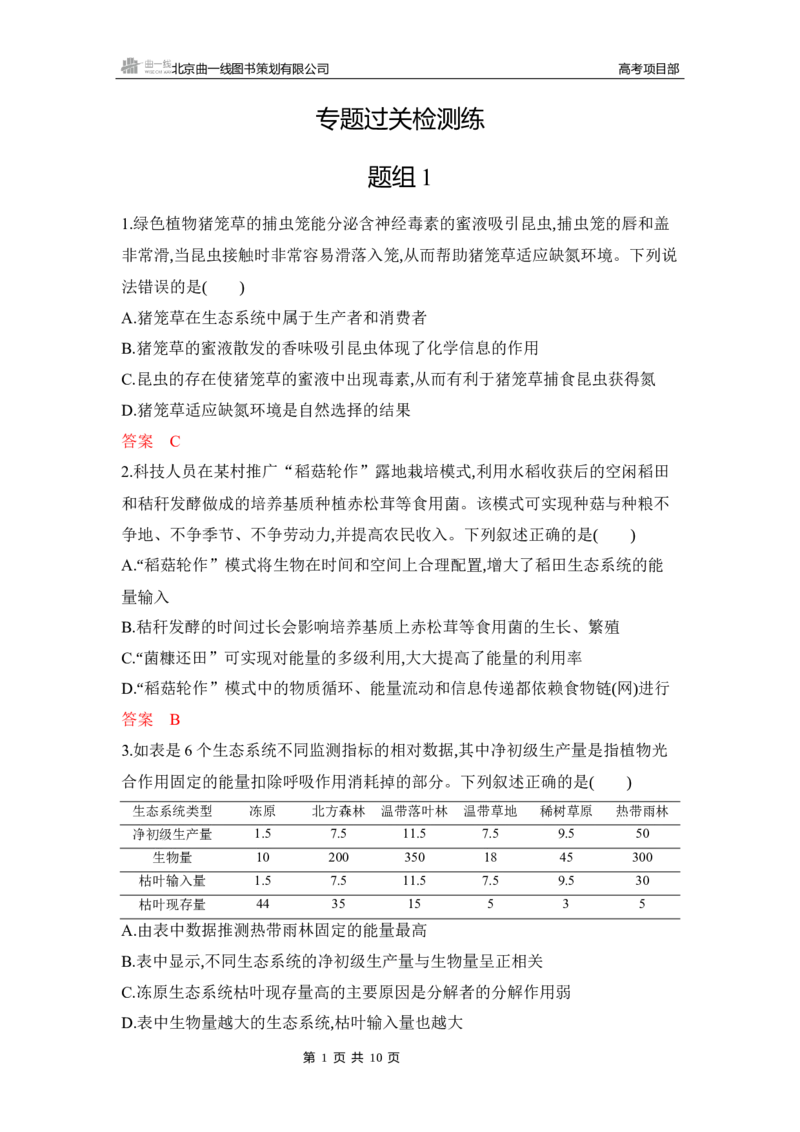 《1_专题过关检测练Word-第20章　生态系统及其稳定性_2026版教学资源包_202653高考总复习A版_湖南版_2026版.湖南版.选考总复习.生物.5·3A版_第4部分生物与环境_第20章生态系统及其稳定性》第1页预览