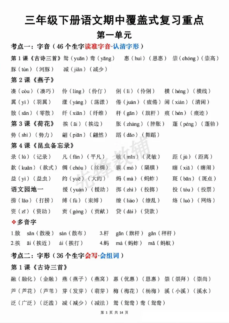 《三年级（下）语文期中覆盖式复习1-4单元重点_3年级下册同步教辅_3下-语文_三下语文核心考点》第1页预览