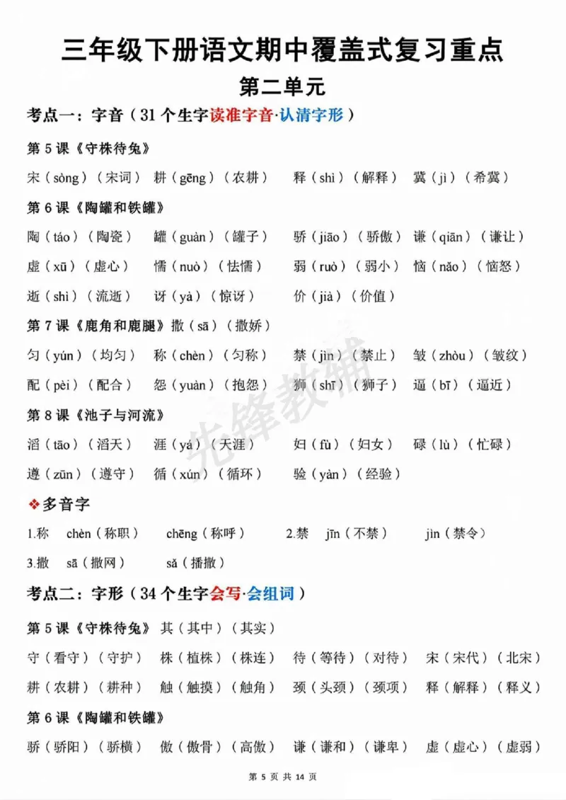 《三年级（下）语文期中覆盖式复习1-4单元重点_3年级下册同步教辅_3下-语文_三下语文核心考点》第5页预览