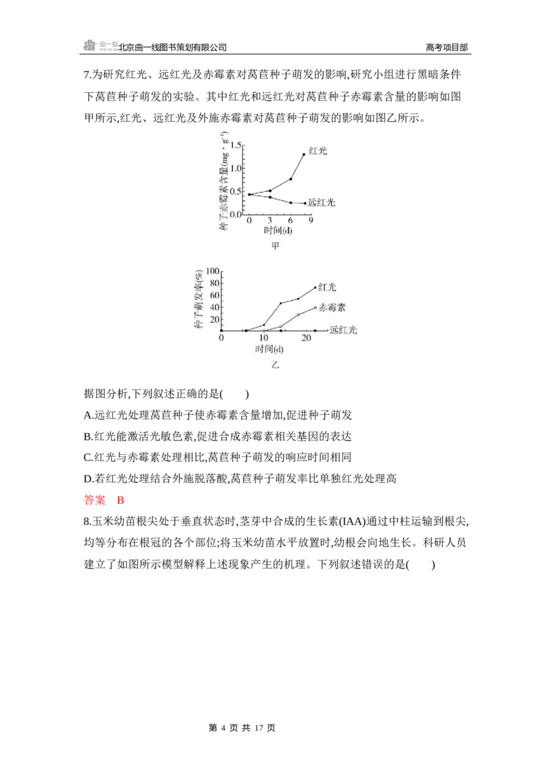 《1_专题过关检测练Word-第17章　植物生命活动的调节_2026版教学资源包_202653高考总复习A版_新高考_生物_教师A版2026年.新高考版.生物.53_第3部分稳态与调节_第17章植物生命活动的调节》第4页预览