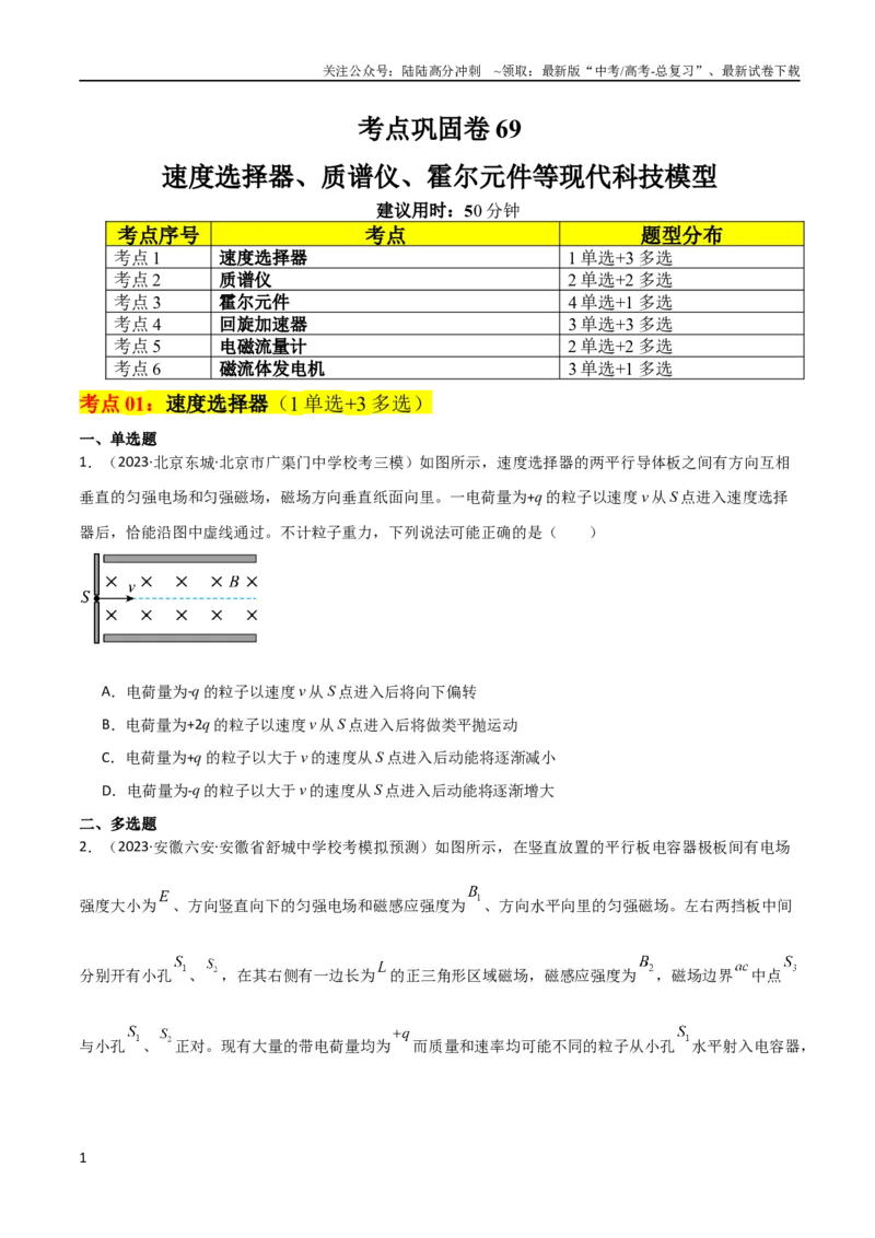 《考点巩固卷69速度选择器、质谱仪、霍尔元件等现代科技模型（原卷版）_04-物理-高考总复习_一轮复习_2024年_2024年高考物理一轮复习考点通关卷（新高考通用）_考点巩固卷_电磁部分_3磁场》第1页预览