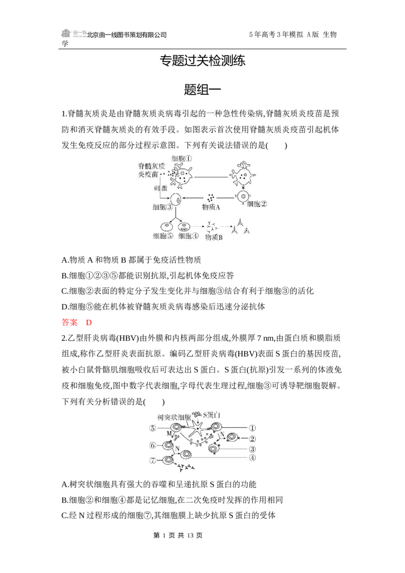 《1_专题过关检测练Word-第15章　免疫调节_2026版教学资源包_202653高考总复习A版_江苏版_2026版.江苏版.选考总复习.生物.5·3A版_第3部分稳态与调节_第15章免疫调节_6_专题检测》第1页预览