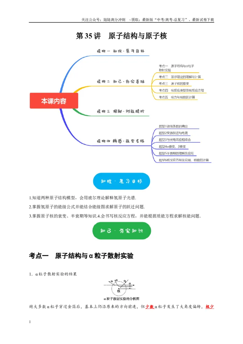 《第35讲　原子结构与原子核（学生版）_04-物理-高考总复习_专项复习_2025年_2025高考物理考点精讲精练知识讲义专项训练_资料》第1页预览