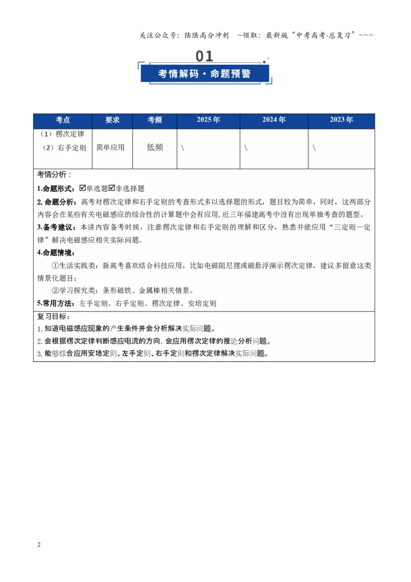《第39讲电磁感应现象楞次定律（复习讲义）（福建专用）（学生版）_04-物理-高考总复习_一轮复习_2026年-物理高考一轮复习_2026年高考物理一轮课件+讲义+练习（福建专用）-G328》第2页预览