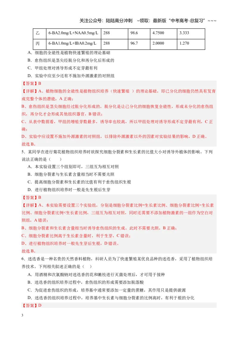 《第39讲植物细胞工程（专项训练）（四川专用）（教师版）_06-生物-高考总复习_一轮复习_2026年-生物高考一轮复习_2026年高考生物一轮课件+讲义+练习（四川专用）-G335》第3页预览