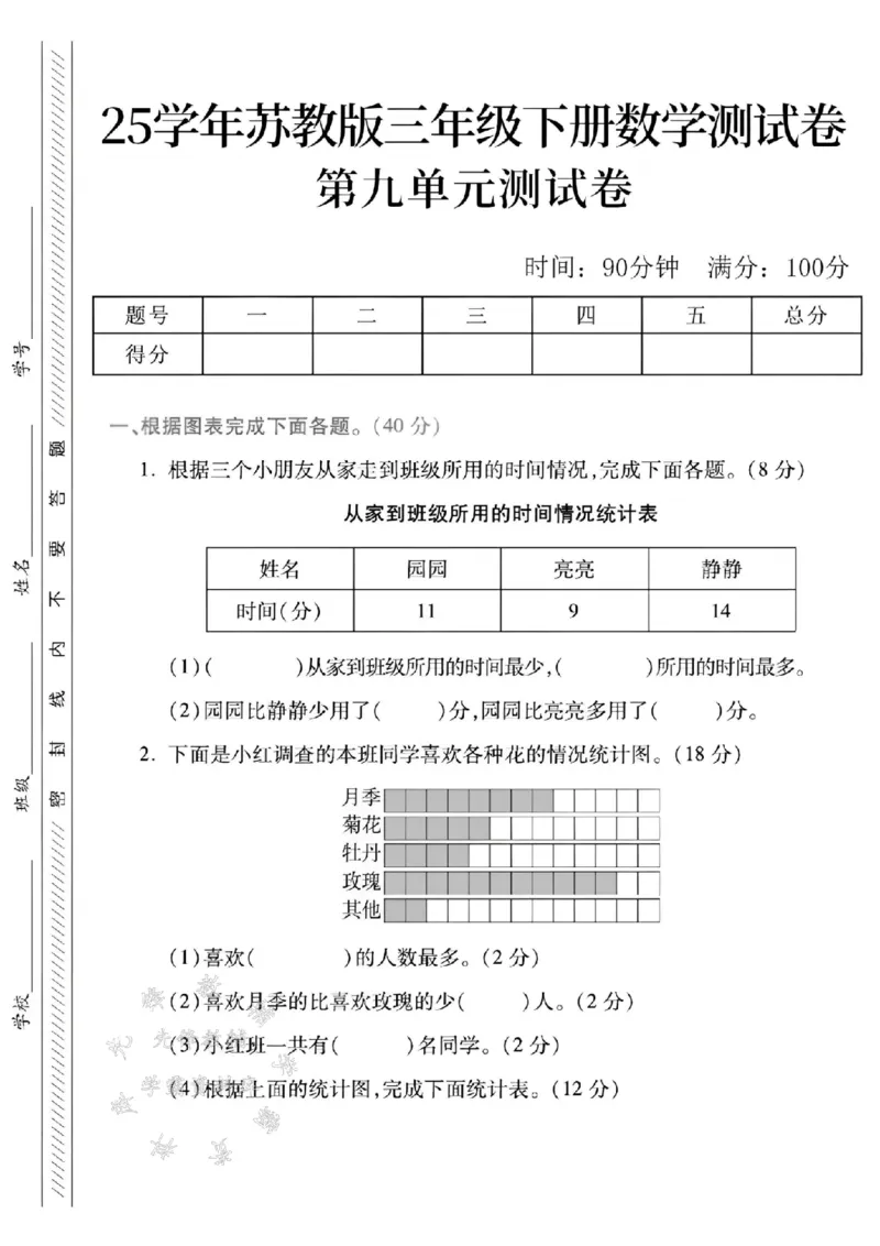 《三年级（下）数学第九单元测试卷《苏教版》_3年级下册同步教辅_3下-数学_三下数学单元+期中+期末测试卷_三下数学苏教版试卷_三下数学《苏教版》单元测试卷》第1页预览
