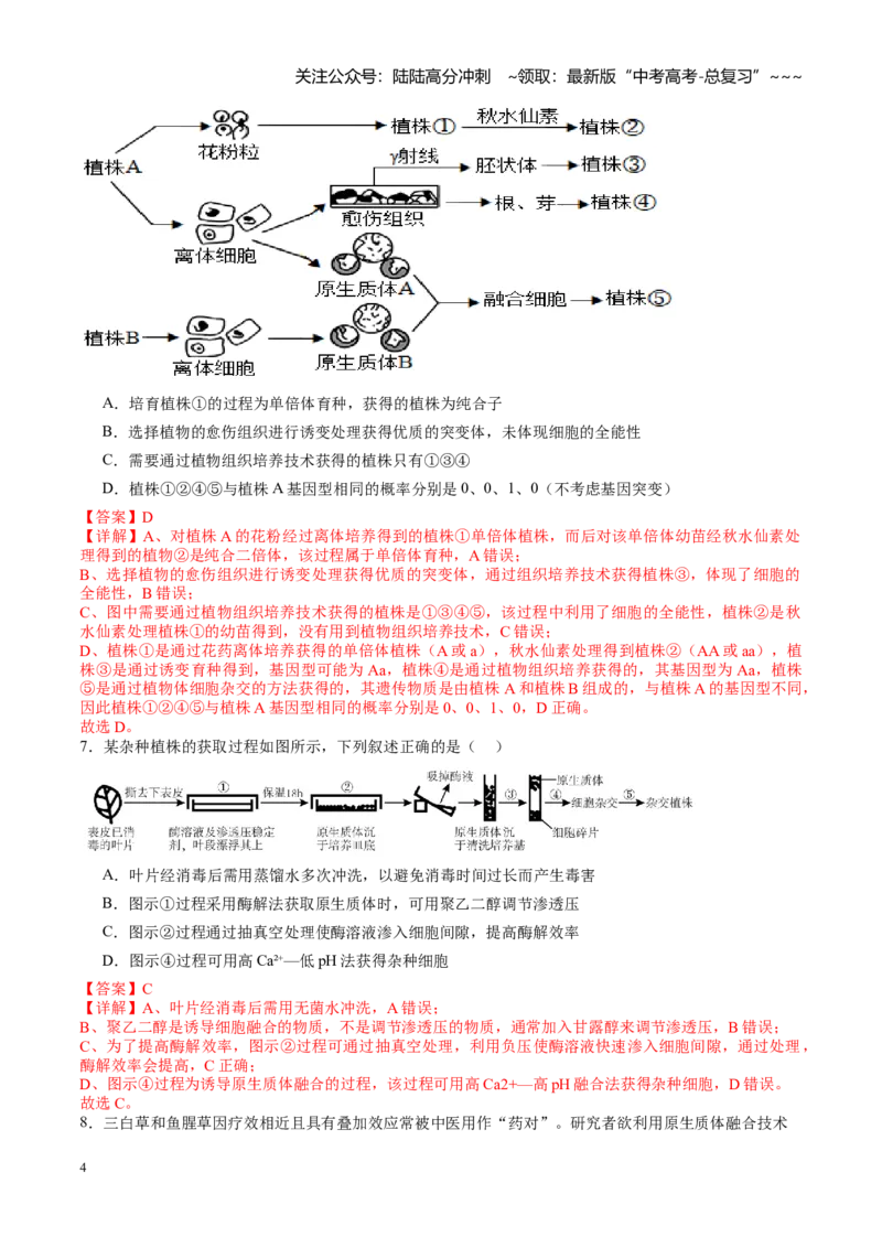《第39讲植物细胞工程（专项训练）（教师版）_06-生物-高考总复习_一轮复习_2026年-生物高考一轮复习_2026年高考生物一轮课件+讲义+练习（湖南专用）-G331》第4页预览