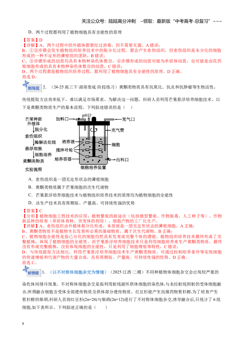 《第39讲植物细胞工程（专项训练）（教师版）_06-生物-高考总复习_一轮复习_2026年-生物高考一轮复习_2026年高考生物一轮课件+讲义+练习（湖南专用）-G331》第9页预览