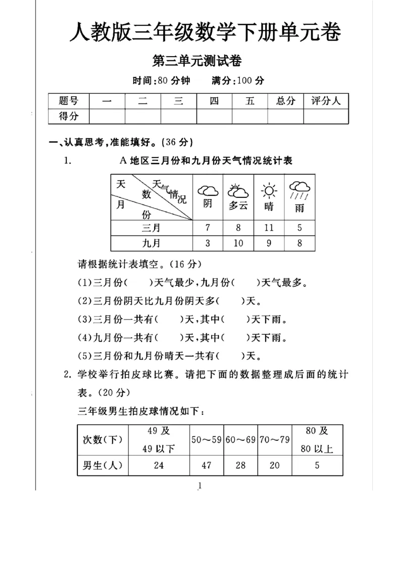 《三年级（下）数学第3单元测试卷《人教版》_3年级下册同步教辅_3下-数学_三下数学单元+期中+期末测试卷_三下数学人教版试卷_三下数学《人教版》单元测试卷》第1页预览