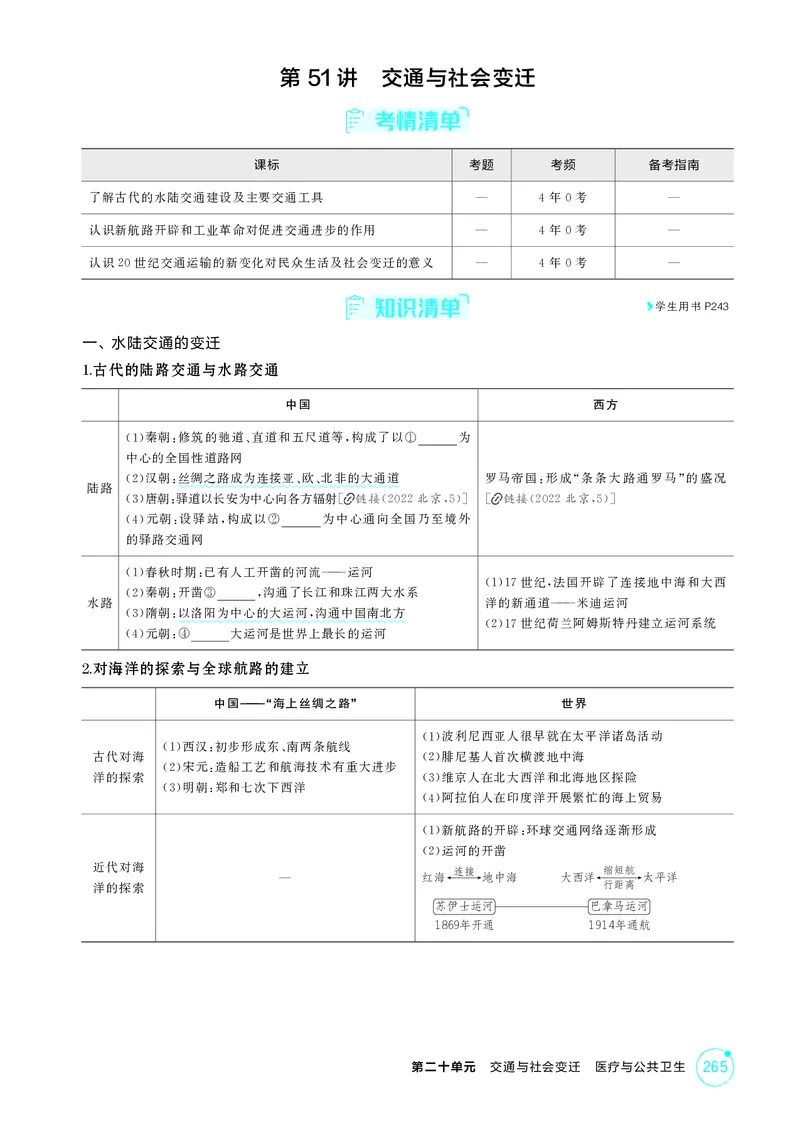 《1_20-第二十单元　交通与社会变迁　医疗与公共卫生_2026版教学资源包_202653高考总复习A版_广东版_2026版.广东版.选考总复习.历史.5·3A版_二、教师用书PDF_选择性必修2经济与社会生活_754》第2页预览