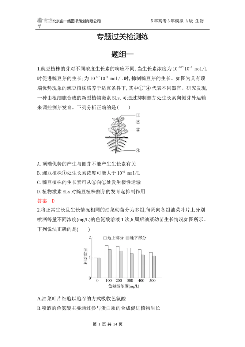 《1_专题过关检测练Word-第16章　植物生命活动的调节_2026版教学资源包_202653高考总复习A版_江苏版_2026版.江苏版.选考总复习.生物.5·3A版_第3部分稳态与调节_第16章植物生命活动的调节》第1页预览