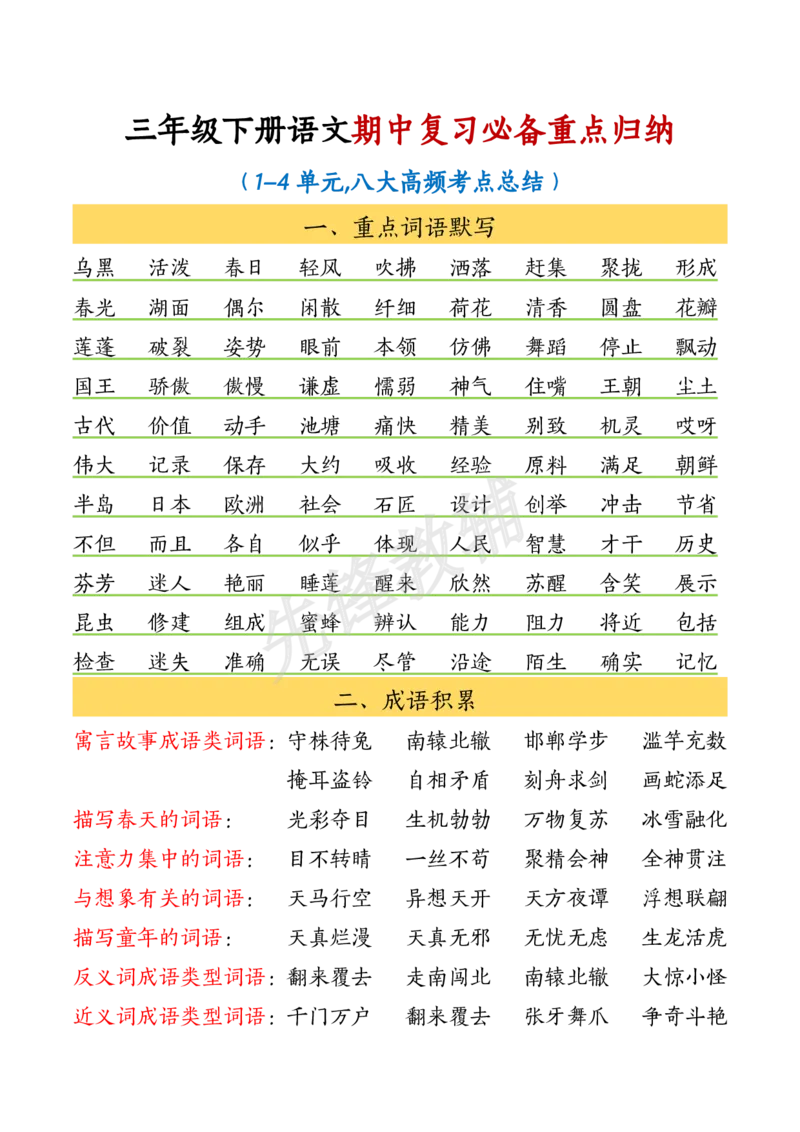 《三年级（下）语文1-4单元重点知识汇总_3年级下册同步教辅_3下-语文_三下语文核心考点》第1页预览