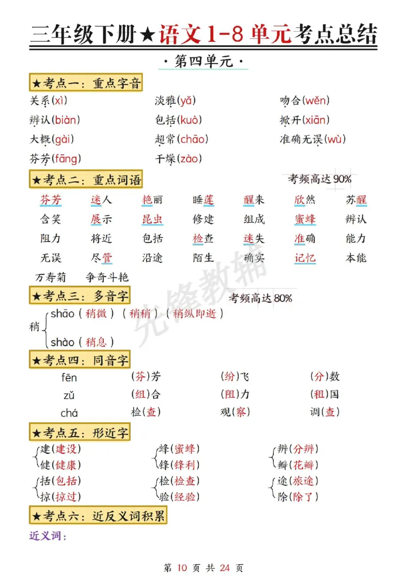 《三年级（下）语文1-8单元考点总结_3年级下册同步教辅_3下-语文_三下语文重点必背》第10页预览