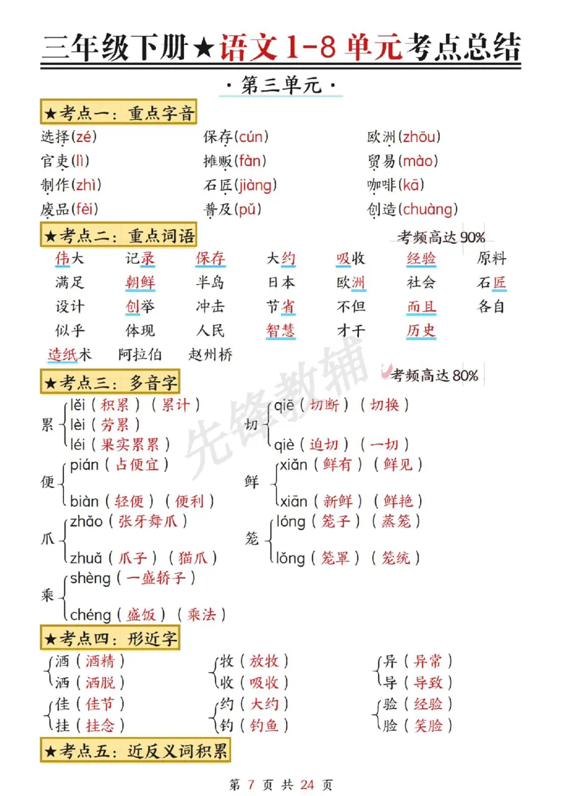 《三年级（下）语文1-8单元考点总结_3年级下册同步教辅_3下-语文_三下语文重点必背》第7页预览