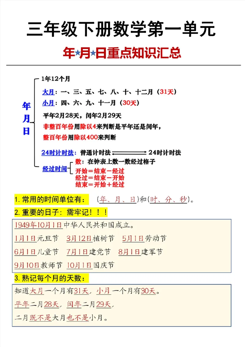 《三年级（下）数学第6单元年月日重点知识汇总_3年级下册同步教辅_3下-数学_三下数学通用专项+练习》第1页预览