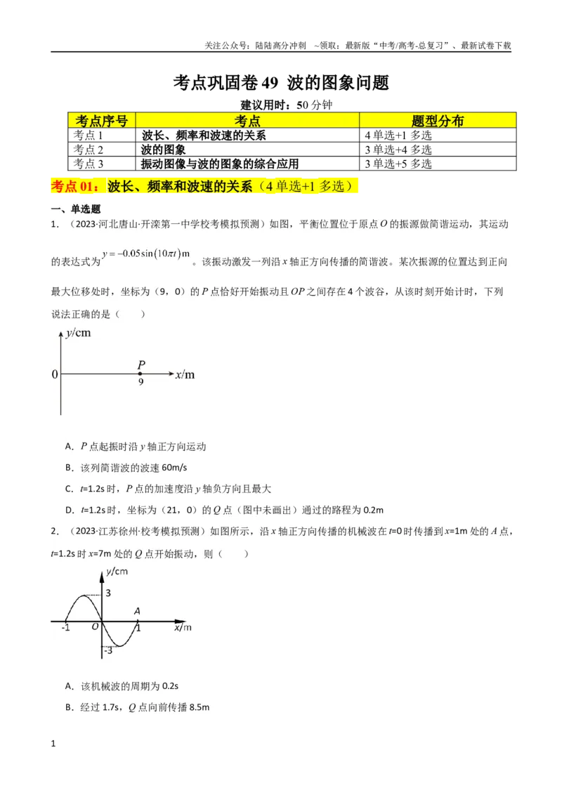 《考点巩固卷49波的图象问题（原卷版）_04-物理-高考总复习_一轮复习_2024年_2024年高考物理一轮复习考点通关卷（新高考通用）_考点巩固卷_力学部分_8机械振动和机械波》第1页预览