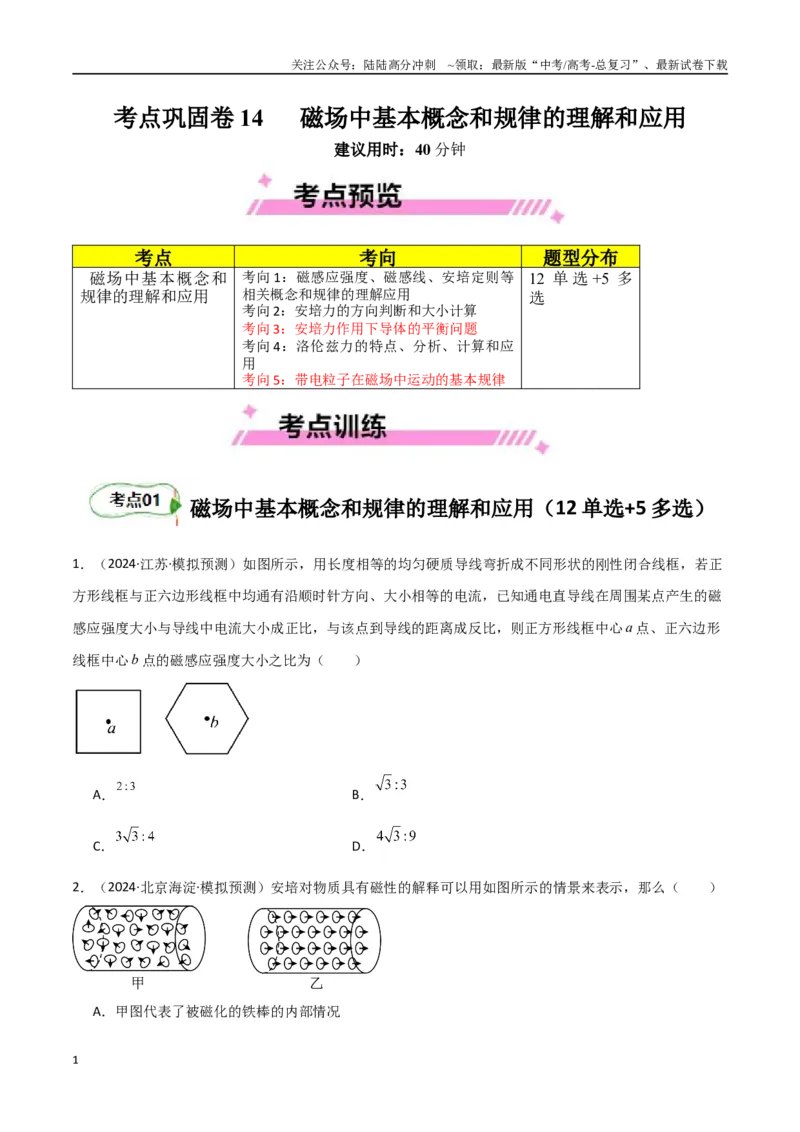 《考点巩固卷14磁场中基本概念和规律的理解和应用（学生版）_04-物理-高考总复习_一轮复习_2025年_2025年高考物理一轮复习考点复习卷（新高考通用）》第1页预览