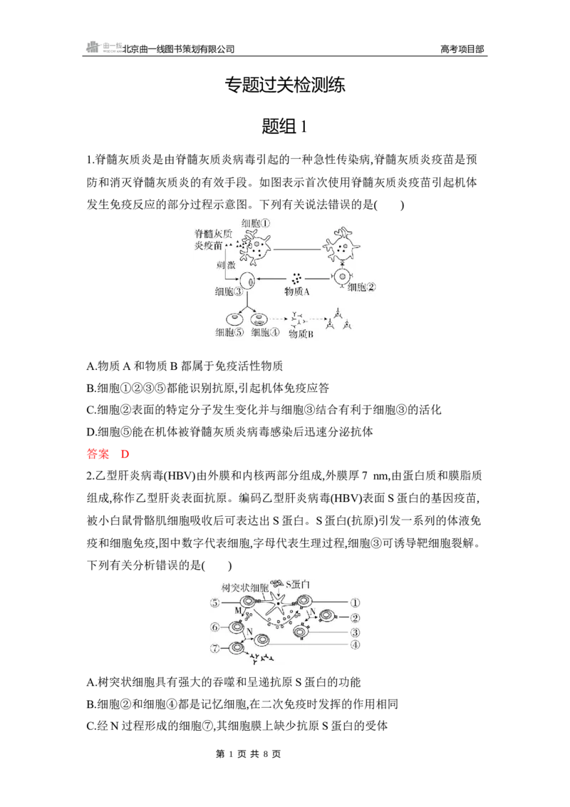 《1_专题过关检测练Word-第16章　免疫调节_2026版教学资源包_202653高考总复习A版_湖南版_2026版.湖南版.选考总复习.生物.5·3A版_第3部分稳态与调节_第16章免疫调节_5_专题检测》第1页预览