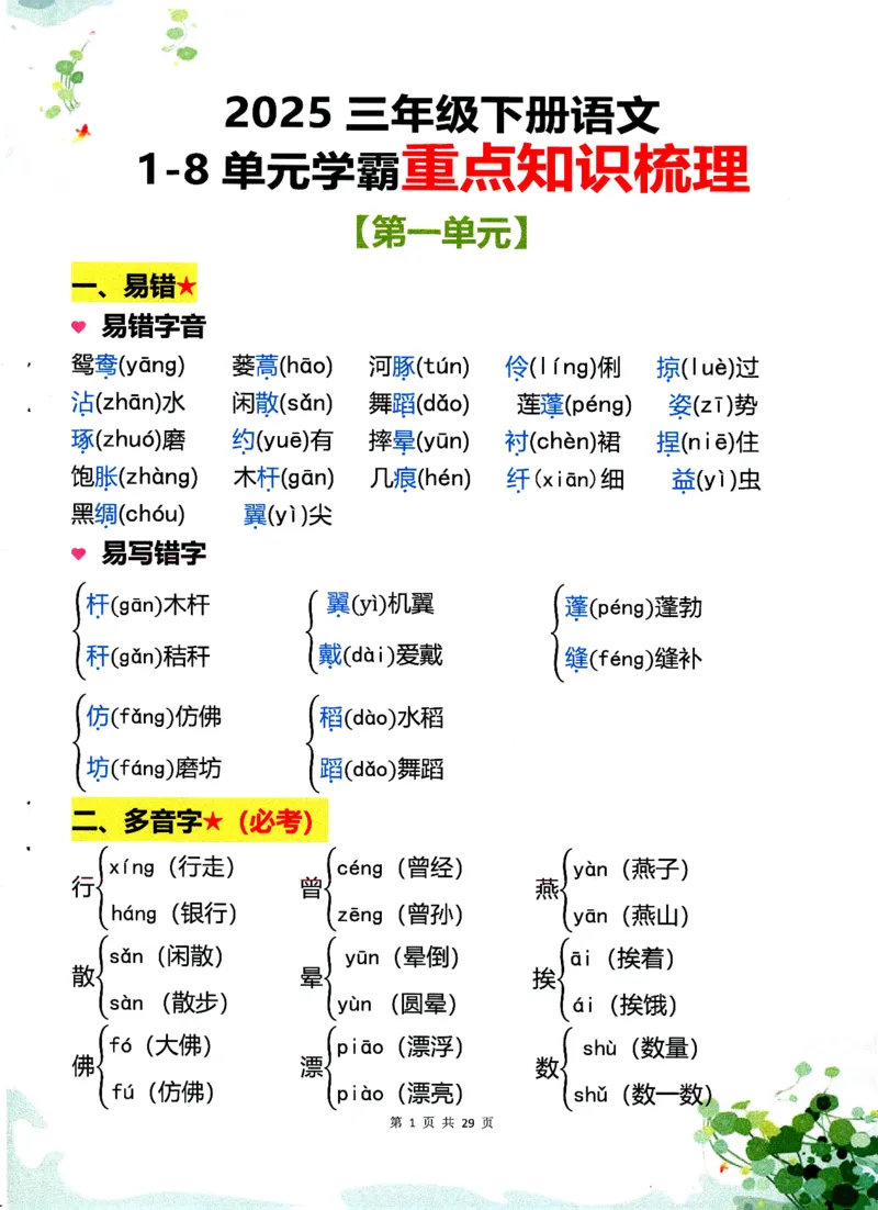 《三年级（下）语文1-8单元学霸重点知识梳理60_3年级下册同步教辅_3下-语文_三下语文重点必背》第1页预览