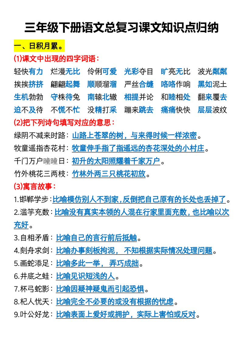 《三年级（下）语文总复习课文知识点归纳_3年级下册同步教辅_3下-语文_三下语文重点必背》第1页预览