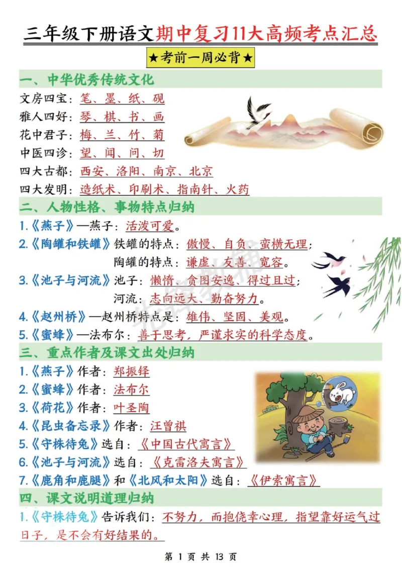 《三年级（下）语文期中复习11大高频考点汇总_3年级下册同步教辅_3下-语文_三下语文核心考点》第1页预览