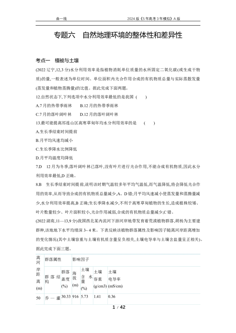 《1_专题六　自然地理环境的整体性和差异性_2024版教学资源包_2024版.新高考版地理.5·3A版_8_专题六自然环境的整体性与差异性_5_10年高考真题分类题组》第1页预览