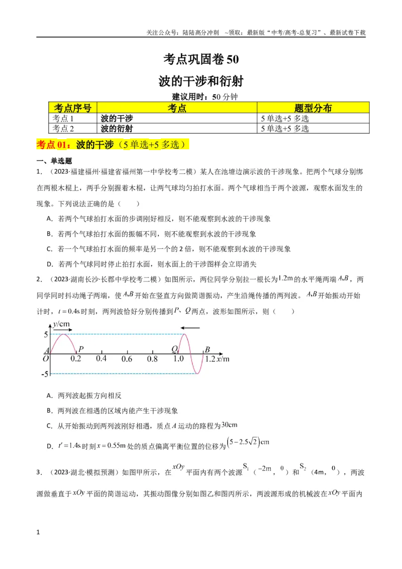 《考点巩固卷50波的干涉和衍射（原卷版）_04-物理-高考总复习_一轮复习_2024年_2024年高考物理一轮复习考点通关卷（新高考通用）_考点巩固卷_力学部分_8机械振动和机械波》第1页预览