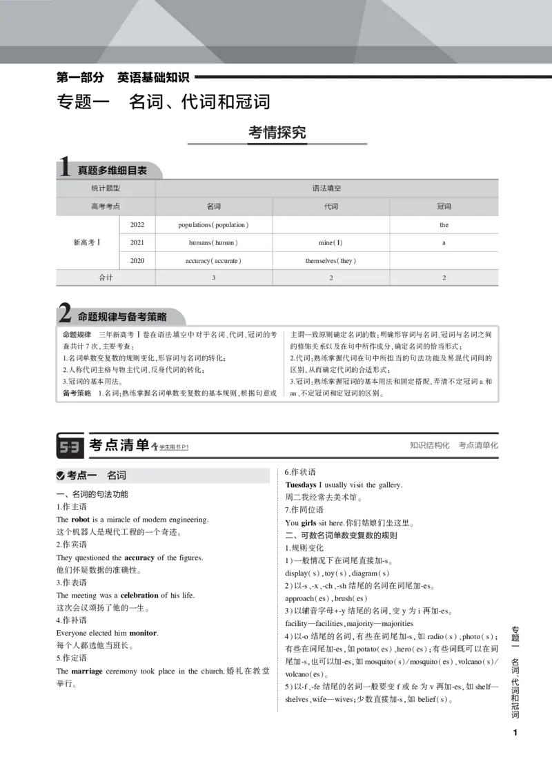 《1_专题一名词、代词和冠词_2023版教学资源包_2023版新高考新教材版高考总复习英语5·3B版_1_第一部分英语基础知识_1_专题一　名词、代词和冠词_2_专题电子书》第1页预览
