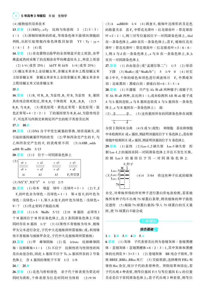 《1_2025版5·3B版新高考版答案速查_2025版教学资源包_（总复习系列）2025版《5年高考3年模拟》新高考版B版（⭐全科）_2025版.新高考新教材版.选考总复习.生物.5·3B版_第三部分答案速查》第4页预览