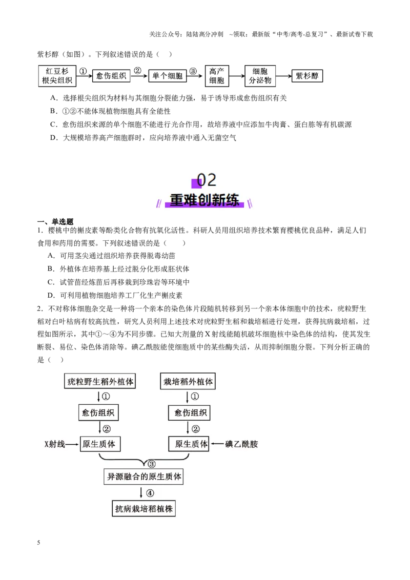《第39讲植物细胞工程（练习）（学生版）_06-生物-高考总复习_一轮复习_2025年_2025年高考生物一轮复习讲义+练习+课件（新教材新高考）_第十单元生物技术与工程》第5页预览